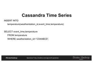 Questions? tiny.cloudera.com/app-arch-questions
Cassandra Time Series
INSERT INTO
temperature(weatherstation_id,event_time,temperature)
SELECT event_time,temperature
FROM temperature
WHERE weatherstation_id=’1234ABCD’;
 