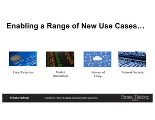 Questions? tiny.cloudera.com/app-arch-questions
Enabling a Range of New Use Cases…
Fraud Detection Market
Transactions
Internet of
Things
Network Security
 