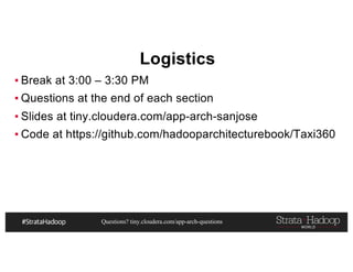 Questions? tiny.cloudera.com/app-arch-questions
Logistics
▪ Break at 3:00 – 3:30 PM
▪ Questions at the end of each section
▪ Slides at tiny.cloudera.com/app-arch-sanjose
▪ Code at https://github.com/hadooparchitecturebook/Taxi360
 