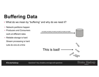 Questions? tiny.cloudera.com/app-arch-questions
Buffering Data
▪ What do we mean by “buffering” and why do we need it?
event,event,event,event,event,event…
This is bad!
▪ Network partitions happen
▪ Producers and Consumers
work at different rates
▪ Reliable storage is hard
Stream processing is hard
Lets do one at a time
 