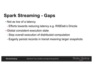 Questions? tiny.cloudera.com/app-arch-questions
Spark Streaming - Gaps
▪ Not as low of a latency
- Efforts towards reducing latency e.g. RISElab’s Drizzle
▪ Global consistent execution state
- Stop overall execution of distributed computation
- Eagerly persist records in transit meaning larger snapshots
 