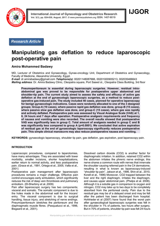 Manipulating gas deflation to reduce laparoscopic postoperative pain