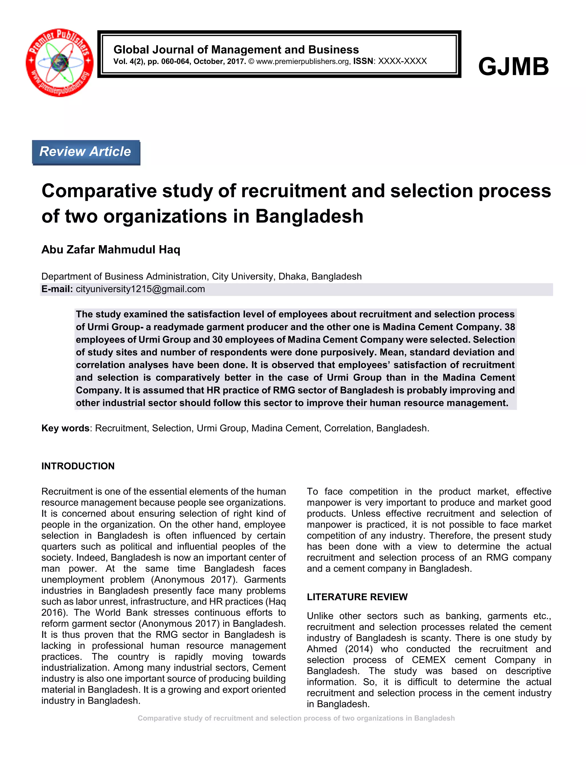 Comparative study of recruitment and selection process of two ...