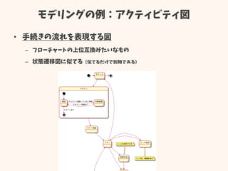 モデリングの例：アクティビティ図
• 手続きの流れを表現する図
– フローチャートの上位互換みたいなもの
– 状態遷移図に似てる（似てるだけで別物である）
 