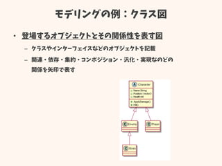 モデリングの例：クラス図
• 登場するオブジェクトとその関係性を表す図
– クラスやインターフェイスなどのオブジェクトを記載
– 関連・依存・集約・コンポジション・汎化・実現なのどの
関係を矢印で表す
 