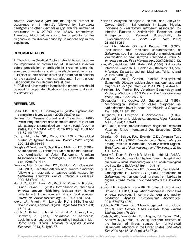 Comparative evaluation of stool, urine and blood culture for isolation of Salmonella spp. from