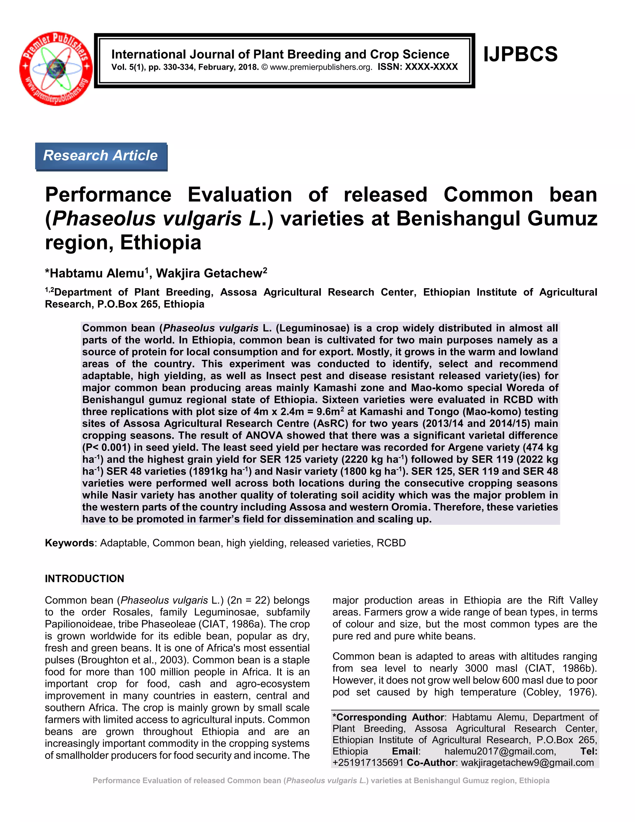 Performance Evaluation of released Common bean (Phaseolus vulgaris L ...