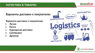 ЛОГИСТИКА В ТОВАРКЕ:
Варианты доставки к покупателю:
Варианты доставки к покупателю:
Лично
Почта
Курьерская доставка
Самовывоз
Дроны))
 