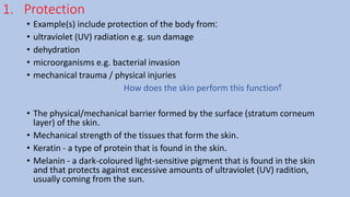 1. Protection
• Example(s) include protection of the body from:
• ultraviolet (UV) radiation e.g. sun damage
• dehydration
• microorganisms e.g. bacterial invasion
• mechanical trauma / physical injuries
How does the skin perform this function?
• The physical/mechanical barrier formed by the surface (stratum corneum
layer) of the skin.
• Mechanical strength of the tissues that form the skin.
• Keratin - a type of protein that is found in the skin.
• Melanin - a dark-coloured light-sensitive pigment that is found in the skin
and that protects against excessive amounts of ultraviolet (UV) radition,
usually coming from the sun.
 