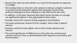 • Natural skin color can also darken as a result of tanning due to exposure
to sunlight.
• The leading theory is that skin color adapts to intense sunlight irradiation
to provide partial protection against the ultraviolet fraction that
produces damage and thus mutations in the DNA of the skin cells.
• In addition, it has been observed that adult human females on average
are significantly lighter in skin pigmentation than males.
• Females need more calcium during pregnancy and lactation.
• The body synthesizes vitamin D from sunlight, which helps it absorb
calcium.
• Females evolved to have lighter skin so their bodies absorb more
calcium.
• The social significance of differences in skin color has varied across
cultures and over time, as demonstrated with regard to social status and
discrimination
 