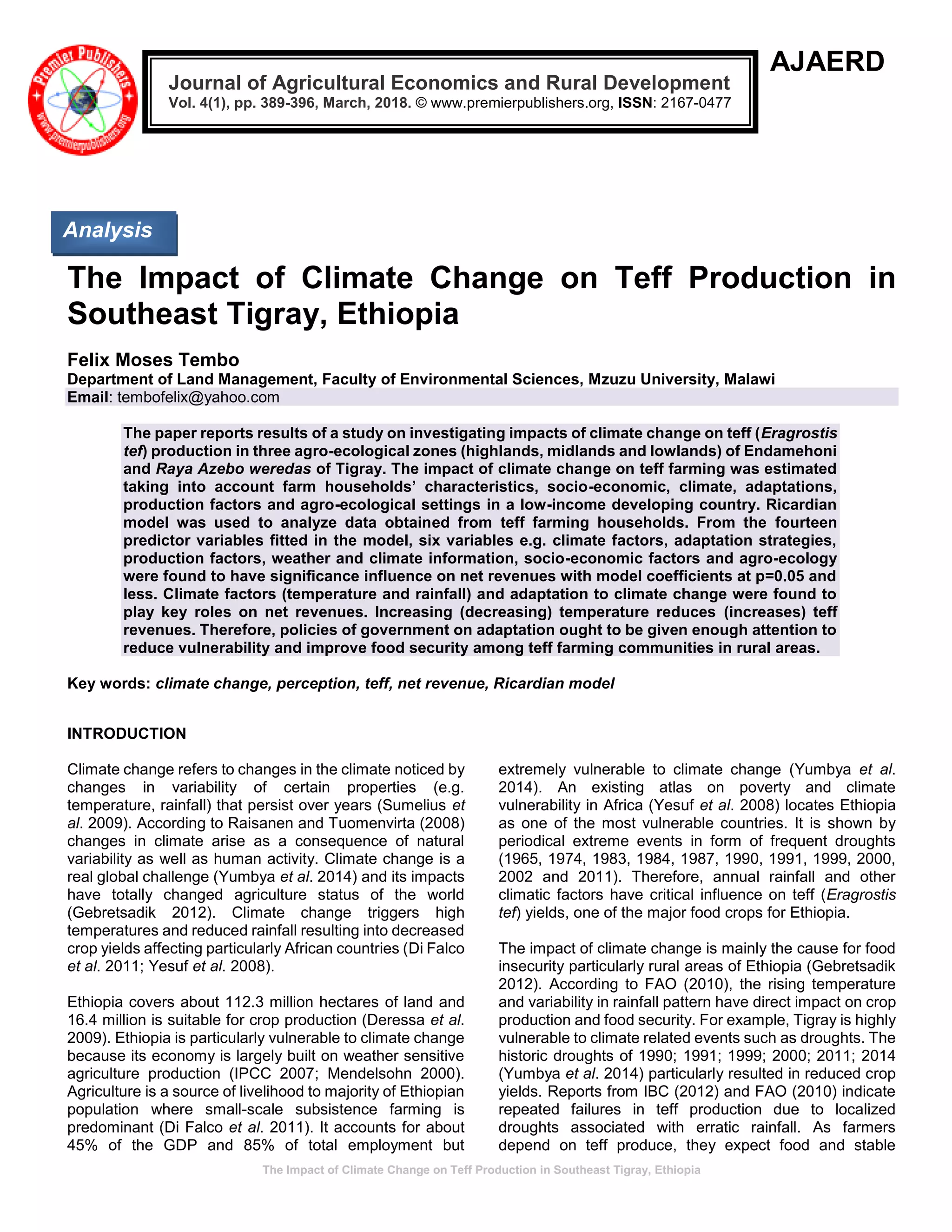 The Impact of Climate Change on Teff Production in Southeast Tigray ...