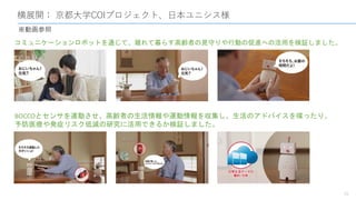 横展開： 京都大学COIプロジェクト、日本ユニシス様
16
※動画参照
コミュニケーションロボットを通じて、離れて暮らす高齢者の見守りや行動の促進への活用を検証しました。
BOCCOとセンサを連動させ、高齢者の生活情報や運動情報を収集し、生活の...