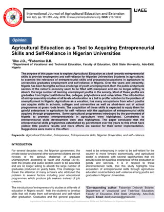 Agricultural Education as a Tool to Acquiring Entrepreneurial Skills ...