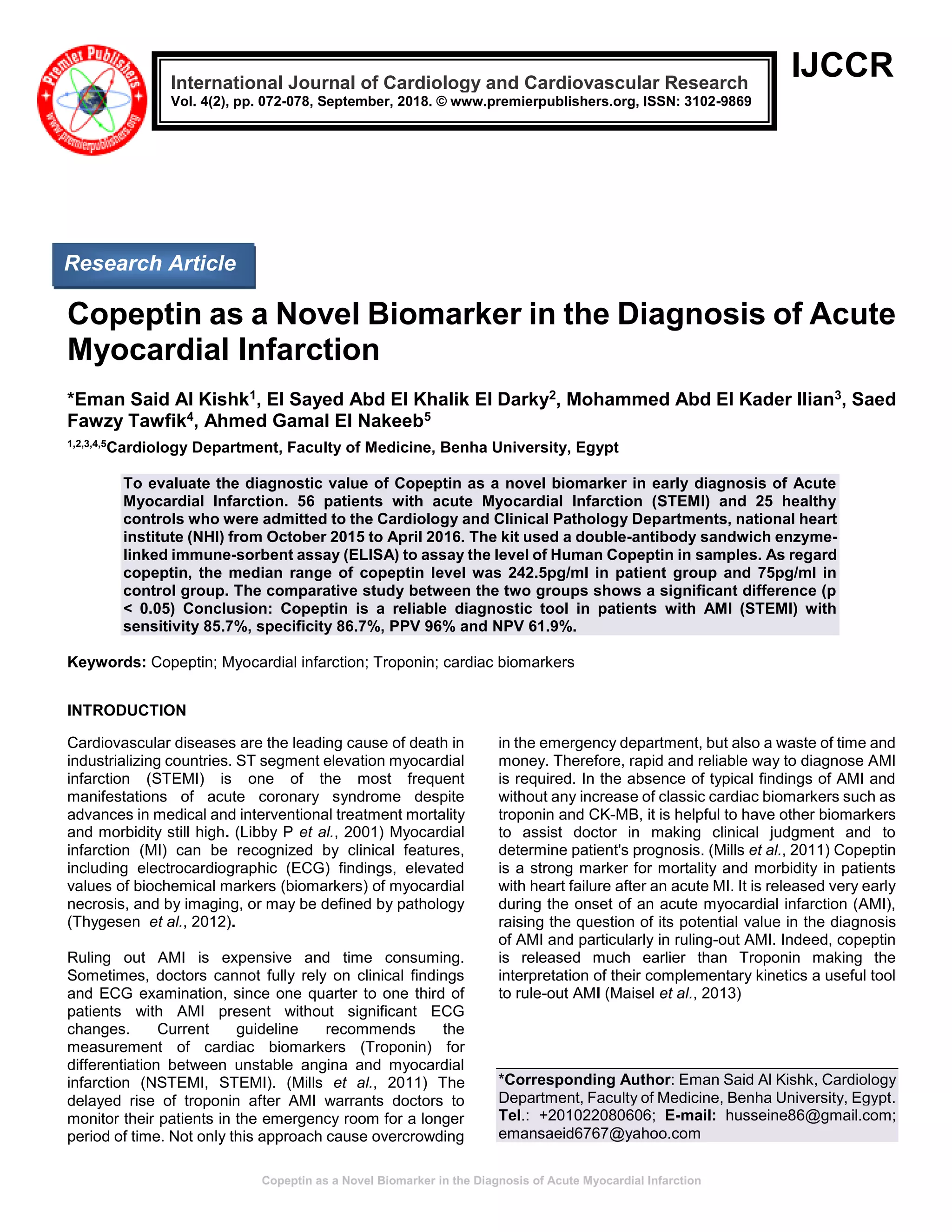 Copeptin as a Novel Biomarker in the Diagnosis of Acute Myocardial ...