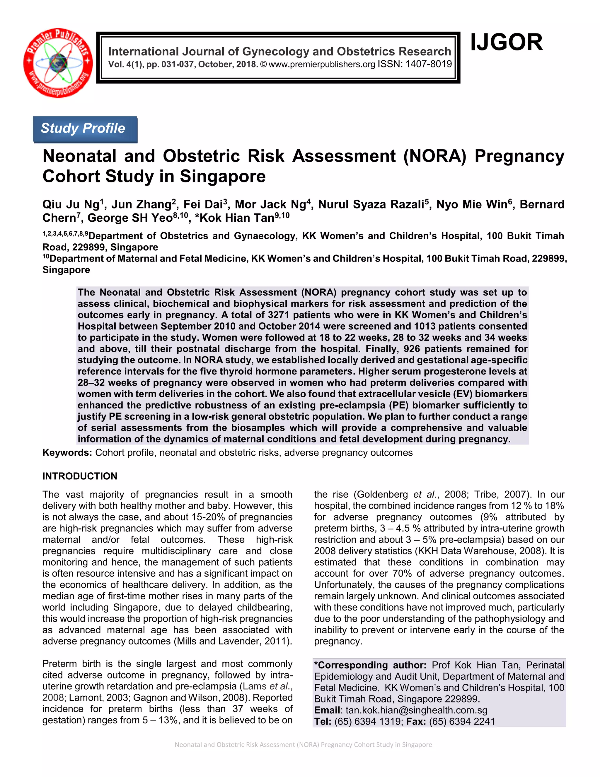 Neonatal and Obstetric Risk Assessment (NORA) Pregnancy Cohort Study in ...