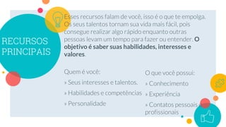 RECURSOS
PRINCIPAIS
O
objetivo é saber suas habilidades, interesses e
valores
 