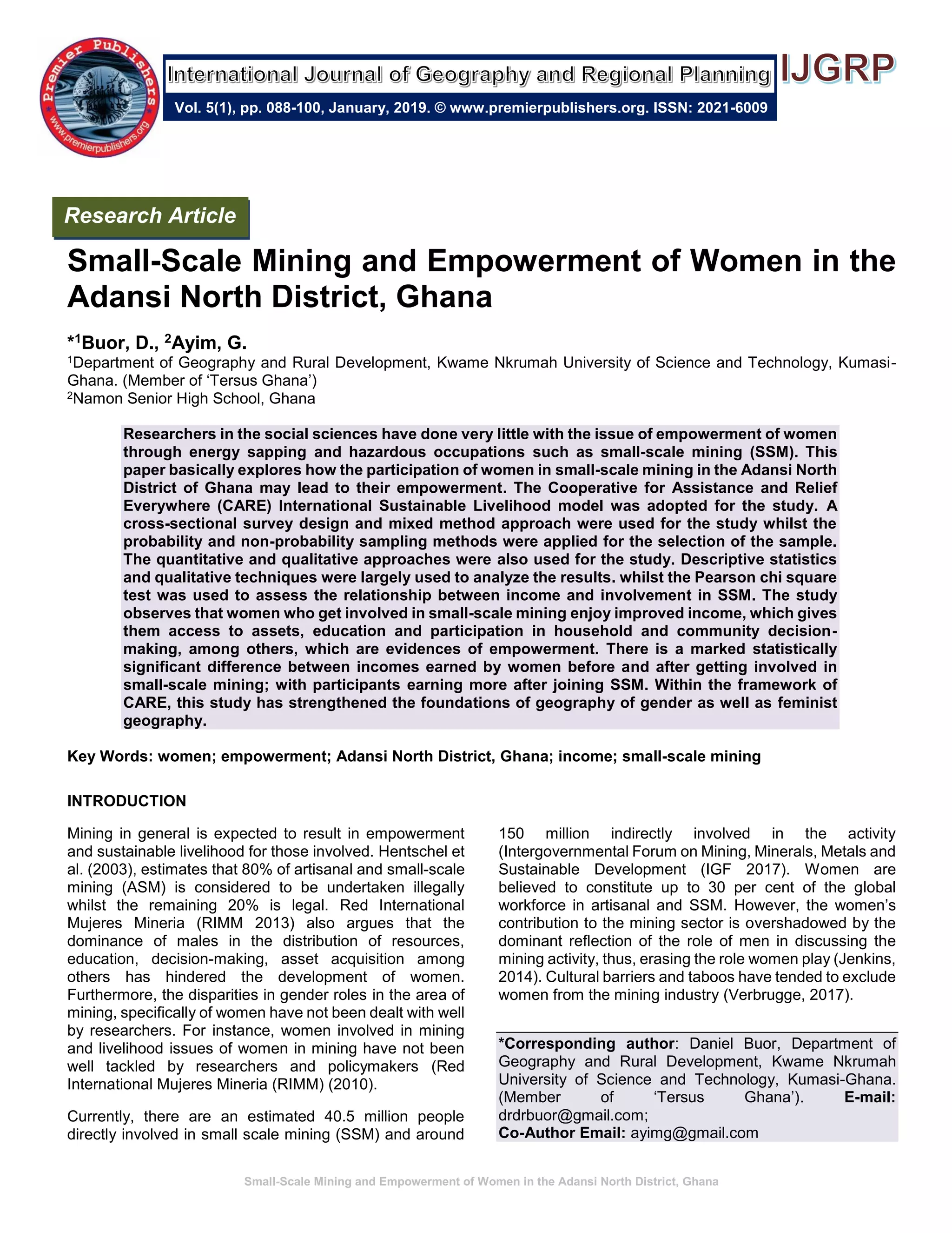Small-Scale Mining and Empowerment of Women in the Adansi North ...