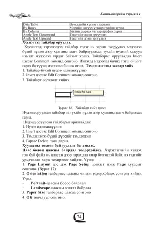 74
Компьютерийн хэрэглээ 1
Data Table Өгөгдлийн хүснэгт гаргана
By Rows Мөрийн дагуух утгаар график зурна
By Column Баганы дараах утгаар график зурна
Angle Text Downward Текстийг доош эргүүлнэ
Angle Text Upward Текстийг дээш эргүүлнэ
Хүснэгтэд тайлбар оруулах.
Хүснэгтэд хэрэглэгдэх тайлбар гэдэг нь зарим тодруулах мэдээлэл
бүхий нүдэн дээр хулганы заагч байрлуулахад тухайн нүдний хажууд
нэмэлт мэдээлэл гардаг байхыг хэлнэ. Тайлбарыг оруулахдаа Insert
цэсээс Comment команд сонгоно. Ингэхэд мэдээлэл бичих тэгш өнцөгт
гарах ба түүнд мэдээлэл бичиж өгнө. Тэмдэглэгээнд засвар хийх
1. Тайлбар бүхий нүдээ идэвхижүүлнэ
2. Insert цэсээс Edit Comment команд сонгоно
3. Тайлбарт өөрчлөлт хийнэ
Зураг 16. Тайлбар хийх цонх
Нүдэнд оруулсан тайлбар нь тухайн нүдэн дээр хулганы заагч байрлахад
гарна.
Нүдэнд оруулсан тайлбарыг арилгахдаа:
1. Нүдээ идэвхижүүлнэ
2. Insert цэсээс Edit Comment команд сонгоно
3. Тэмдэглэгээ бүхий дүрсийг тэмдэглэнэ
4. Гараас Delete товч дарна.
Хуудасны зохион байгуулалт ба хэвлэх.
Цаас болон цаасны байрлал тодорхойлох. Хэрэглэгчийн хэвлэх
гэж буй файл нь цаасан дээр гарахдаа ямар бүтэцтэй байх вэ гэдгийг
урьдчилан харж тохиргоог хийдэг. Үүнд:
1. Page Layout цэс дэх Page Setup цонхыг нээж Page хуудсыг
сонгоно. (Зураг 17)
2. Orientation талбараас цаасны чиглэл тодорхойлох сонголт хийнэ.
Үүнд:
Portrait-- цаасны босоо байрлал
Landscape- -цаасны хэвтээ байрлал
3. Paper Size талбараас цаасаа сонгоно
4. ОК товчлуур сонгоно.
 