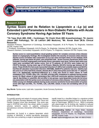 Syntax Score Lad Syntax Score and its Relation to Lipoprotein a –Lp (a) and Extended ...