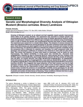 Genetic and Morphological Diversity Analysis of Ethiopian Mustard (Brasica carinataa. Braun) Landraces
Genetic and Morphological Diversity Analysis of Ethiopian
Mustard (Brasica carinataa. Braun) Landraces
Fekadu Amsalu
Holetta Agricultural Research Center, P.O. Box 2003, Addis Ababa, Ethiopia
Email: fekiamsalu@gmail.com
Growing of Ethiopian mustard, as an oilseed and leaf vegetable require genetic improvement
which relies on its genetic diversity. The experiment was executed to analyse genetic and
morphological diversity of Ethiopian mustard land races at Holetta agricultural research center.
Forty-nine genotypes collected from different agro ecologies were analyzed using morphological
traits in order to assess the genetic and morphological diversity that exists in these materials.
The experiment was carried out in a simple lattice design. The analysis of variance showed that
there were significant differences among genotypes for all traits compared except seed yield per
plant, fresh leaf biomass per plant topped at 40, 50 and 60 days of growth and number of intact
leaves at flowering. The significant difference indicates the existence of genetic variability among
the accessions that is important for selection and breeding. For yield component traits, high
genotypic and phenotypic coefficient of variations was observed in seed yield per plot and oil
yield. This shows that selection of these traits based on phenotype, may be useful for yield
improvement. The highest heritability in broad sense was recorded for thousand seed
weight(68.80%), followed by days to flowering (65.91%), stand percent (63.14%), linolenic acid
(62.58%), days to maturity(60.43%), plant height (59.63%), palmitic (58.19%), linoleic (57.46%),leaf
area (52..09%), oil content (50.33%), leaf width (48.29%),leaf length(46.28%), oil yield(44.84%),
fresh leaf biomass at 50 days of topping(43.40%), seed yield per plot(42.99%), number of leaves
at vegetative state(40.48%), seed yield of 50 days growth stage topped plants(38.85%) and primary
branches (34.20%). This suggests that large proportion of the total variance was due to high
genotypic variance. Hence, a good progress can be made if some of these traits are considered
as selection criteria for the improvement of yield, yield component and vegetative traits. The
present study revealed the presence of considerable variability among genotypes for all traits
compared except seed yield per plant, fresh leaf biomass per plant topped at 40,50 and 60 days
of growth and number of intact leaves at flowering. These conditions indicate that there is good
opportunity to improve these characters using the tested genotypes.
Keywords: Ethiopian mustard, Genetic diversity, Genetic advance, Heritability, Morphological Diversity
INTRODUCTION
The genus Brassicaas a whole is believed to have
originated around the Mediterranean, Eastern Afghanistan
and the adjoining portion of Pakistan and North-Eastern
Africa (Hemigway, 1976). The genus includes six
economically important species, namely, Brassica rapa, B.
oleracea, B. nigra, B. juncea, B. napus, and B. carinata
(Doweny and Röbbelen, 1989). Ethiopian mustard
(2n=34) is believed to have originated in the highlands of
the Ethiopian plateau and the adjoining portion of East
Africa and the Mediterranean coast (Gomez-Campo and
Prakash, 1999). It evolved as a natural cross between B.
nigra (BB) (n=8) and B. oleracea (CC) (n=9) and
underwent further chromosomal doubling (UN, 1935). It is
partially amphidiploid with genome constitution BBCC.
In Ethiopia, among the highland oilseeds, Ethiopian
mustard stands third next to niger seed and linseed in total
production and area (CSA, 2013/2014). Its area and
production are estimated to 44041.34 hectares and
62450.266 tons, respectively, at private peasants’ holdings
level, with an average productivity of 1.418 tons/ha (CSA,
2013/14). It is often grown on well-drained and organic
Research Article
Vol. 6(2), pp. 527-535, June, 2019. © www.premierpublishers.org, ISSN: 2167-0449
International Journal of Plant Breeding and Crop Science
 