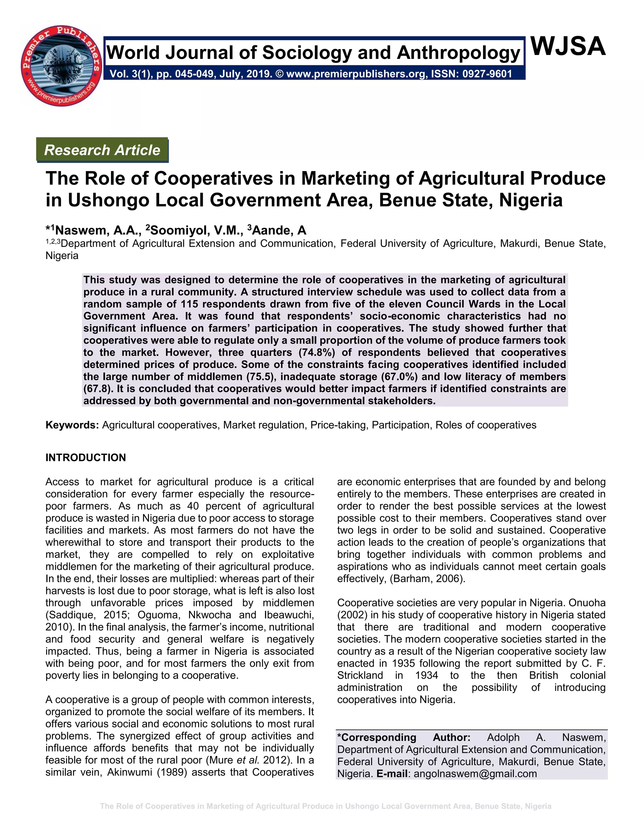 The Role of Cooperatives in Marketing of Agricultural Produce in ...