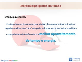 Então, o que fazer?
Existem algumas ferramentas que ajudam de maneira prática e simples a
organizar melhor esse ‘caos’ que pode se formar em nossa rotina e facilitam
o cumprimento de tarefas com um melhor aproveitamento
de tempo e energia.
Metodologia gestão do tempo
 