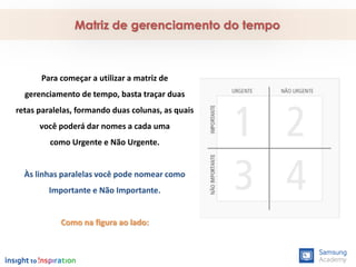 Para começar a utilizar a matriz de
gerenciamento de tempo, basta traçar duas
retas paralelas, formando duas colunas, as quais
você poderá dar nomes a cada uma
como Urgente e Não Urgente.
Às linhas paralelas você pode nomear como
Importante e Não Importante.
Como na figura ao lado:
Matriz de gerenciamento do tempo
 