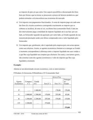 ____________________________________________________________________________________________
©OCAM – 2014 Estudo das contas do SCE
105
ao imposto do pais em que entra. Este aspecto possibilita a desoneração dos bens
bens por forma a que as trocas se processem a preços de factores produtivos, que
poderá estimular a sã concorrência nas economias de mercado.
e) Um imposto com pagamentos fraccionados. A soma do imposto pago em cada uma
das fases do circuito económico corresponde exactamente ao imposto que se
cobraria se incidisse, de uma só vez, na última fase (consumidor final). Cada um
dos intervenientes paga a totalidade do imposto liquidado até à sua fase: por um
lado, ao fornecedor aquando da aquisição; por outro lado, ao Estado aquando da sua
transmissão/prestação sendo este último compensado com o valor liquidado pelo
fornecedor.
f) Um imposto que, geralmente, não é suportado pela empresa pois esta actua apenas
como sua colectora. Assim, os agentes economicos limitam-se a entregar ao Estado
o montante correspondente à diferença entre o imposto liquidado nas suas vendas e
o que lhes seja liquidado nas compras que efectuem. Em suma, e em termos gerais,
não constitui custo dos agentes económicos o valor do imposto que lhes seja
liquidado a montante.
Exemplo:
Admita-se um determinado circuito económico, com os intervenientes:
P-Produto; G-Grosssista; R-Retalhista e CF-Consumidor final
Agente
Economico
Compra (
C )
Venda
(V)
IVA (17%)
Em ( C ) Em ( V )
Entregue
ao
Estado
P ….. 1.000,00 ….. 170,00 170,00
G 1.000,00 1.500,00 170,00 255,00 85,00
R 1.500,00 2.200,00 255,00 374,00 119,00
CF 2.200,00 …. 374,00 … …..
374,00
 