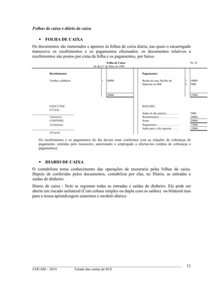 ____________________________________________________________________________________________
©OCAM – 2014 Estudo das contas do SCE
11
Folhas de caixa e diário de caixa
 FOLHA DE CAIXA
Os documentos são numerados e apensos às folhas de caixa diária, nas quais o encarregado
transcreve os recebimentos e os pagamentos efectuados: os documentos relativos a
recebimentos são postos por cima da folha e os pagamentos, por baixo.
Folha de Caixa Nr. 01
do dia 21 de Maio de 1984
Recebimentos Pagamentos
Vendas a dinheiro 1 24000 Renda da casa, Recibo de 1 10000
Deposito no BM 2 7000
24000 17000
EXECUTOU RESUMO:
O Caixa
_____________________________ Saldo do dia anterior…………. 5000
(Atanazio) Recebimentos………………… 24000
CONFERIU Soma 29000
A Gerencia Pagamentos…………………… 17000
_____________________________ Saldo para o dia seguinte……. 12000
(Franck)
Os recebimentos e os pagamentos do dia devem estar conformes com as relações de cobranças de
pagamento, emitidas pelo tesoureiro, autorizando o empregado a efectuá-los (ordens de cobranças e
pagamentos).
 DIARIO DE CAIXA
O contabilista toma conhecimento das operações de tesouraria pelas folhas de caixa.
Depois de conferidas pelos documentos, contabiliza por elas, no Diário, as entradas e
saidas de dinheiro.
Diario de caixa - Nele se registam todas as entradas e saídas de dinheiro. Ele pode ser
aberto em riscado unilateral (Com coluna simples ou dupla com os saldos) ou bilateral mas
para a nossa aprendizagem usaremos o modelo abaixo:
 