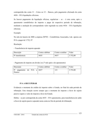 ____________________________________________________________________________________________
©OCAM – 2014 Estudo das contas do SCE
123
contrapartida das conta 11 – Caixa ou 12 – Bancos, pelo pagamento efectuado da conta
4436 – IVA liquidações oficiosas.
Se houver pagamento da liquidação oficiosa, regularizar – se – á esta conta, após o
apuramento contabilistico do imposto a pagar do respectivo periodo de tributação,
mediante a anulação do correspondente valor registado na conta 4436 – IVA liquidações
oficiosas.
Exemplo:
No mês de Janeiro de 2008 a empresa XPTO – Contabilistas Associados, Lda apurou um
IVA a pagar de 3.752, 97
Resolução:
- Transferência do imposto apurado
Descrição Conta a debitar Conta a creditar Valor
P/ transferencia 4435 4437 3.752,00
- Pagamento do imposto em divida ( no 2º mês após o do apuramento)
Descrição Conta a debitar Conta a creditar Valor
P/ pagamento do IVA a
financa
4437 121 3.752,00
IVA A RECUPERAR
Evidencia o montante do crédito de imposto sobre o Estado, no final de cada periodo de
tributação. Esta situação ocorre sempre que o montante do imposto a favor do sujeito
passivo supere o valor do imposto a favor do Estado.
Debita – se por contrapartida da conta 4435 – IVA apuramento, para transferência do saldo
a favor do sujeito passivo apurado nesta conta no fim do periodo de tributação.
 