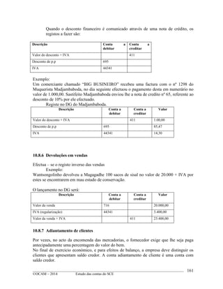 ____________________________________________________________________________________________
©OCAM – 2014 Estudo das contas do SCE
161
Quando o desconto financeiro é comunicado através de uma nota de crédito, os
registos a fazer são:
Exemplo:
Um comerciante chamado “BIG BUSINEIRO” recebeu uma factura com o nº 1298 do
Muquerista Madjambaboda, no dia seguinte efectuou o pagamento desta em numerário no
valor de 1.000,00. Sastifeito Madjambaboda enviou lhe a nota de credito nº 65, referente ao
desconto de 10% por ele efectuado.
Registe no DG do Madjambaboda.
Descrição Conta a
debitar
Conta a
creditar
Valor
Valor do desconto + IVA 411 1.00,00
Desconto de p.p 695 85,47
IVA 44341 14,30
10.8.6 Devoluções em vendas
Efectua – se o registo inverso das vendas
Exemplo:
Wantsongolinho devolveu a Magagadhe 100 sacos de sisal no valor de 20.000 + IVA por
estes se encontrarem em mau estado de conservação.
O lançamento no DG será:
Descrição Conta a
debitar
Conta a
creditar
Valor
Valor da venda 716 20.000,00
IVA (regularização) 44341 3.400,00
Valor da venda + IVA 411 23.400,00
10.8.7 Adiantamento de clientes
Por vezes, no acto da encomenda das mercadorias, o fornecedor exige que lhe seja paga
antecipadamente uma percentagem do valor do bem.
No final de exercicio económico, e para efeitos de balanço, a empresa deve distinguir os
clientes que apresentam saldo credor. A conta adiantamento de cliente é uma conta com
saldo credor.
Descrição Conta a
debitar
Conta a
creditar
Valor do desconto + IVA 411
Desconto de p.p 695
IVA 44341
 