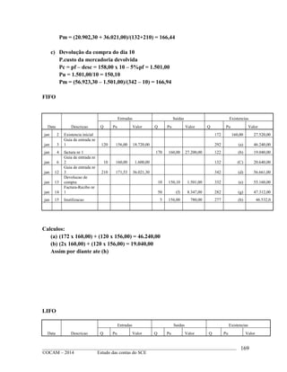 ____________________________________________________________________________________________
©OCAM – 2014 Estudo das contas do SCE
169
Pm = (20.902,30 + 36.021,00)/(132+210) = 166,44
c) Devolução da compra do dia 10
P.custo da mercadoria devolvida
Pc = pf – desc = 158,00 x 10 – 5%pf = 1.501,00
Pu = 1.501,00/10 = 150,10
Pm = (56.923,30 – 1.501,00)/(342 – 10) = 166,94
FIFO
Data Descricao
Entradas Saidas Existencias
Q Pu Valor Q Pu Valor Q Pu Valor
jan 2 Existencia inicial 172 160,00 27.520,00
jan 3
Guia de entrada nr
1 120 156,00 18.720,00 292 (a) 46.240,00
jan 4 factura nr 1 170 160,00 27.200,00 122 (b) 19.040,00
jan 6
Guia de entrada nr
2 10 160,00 1.600,00 132 (C) 20.640,00
jan 12
Guia de entrada nr
3 210 171,53 36.021,30 342 (d) 56.661,00
jan 13
Devolucao de
compra 10 150,10 1.501,00 332 (e) 55.160,00
jan 14
Factura-Recibo nr
1 50 (f) 8.347,00 282 (g) 47.312,00
jan 15 Inutilizacao 5 156,00 780,00 277 (h) 46.532,0
Calculos:
(a) (172 x 160,00) + (120 x 156,00) = 46.240,00
(b) (2x 160,00) + (120 x 156,00) = 19.040,00
Assim por diante ate (h)
LIFO
Data Descricao
Entradas Saidas Existencias
Q Pu Valor Q Pu Valor Q Pu Valor
 