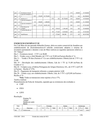 ____________________________________________________________________________________________
©OCAM – 2014 Estudo das contas do SCE
170
jan 2 Existencia inicial 172 160,00 27.520,00
jan 3
Guia de entrada nr
1 120 156,00 18.720,00 292 (a) 46.240,00
jan 4 factura nr 1 170 (b) 26.720,00 122 160,00 19.520,00
jan 6
Guia de entrada nr
2 10 160,00 1.600,00 132 160,00 21.120,00
jan 12
Guia de entrada nr
3 210 171,53 36.021,30 342 (c ) 57.141,00
jan 13
Devolucao de
compra 10 150,10 1.501,00 332 (d) 55.640,00
jan 14
Factura-Recibo nr
1 50 172,60 8.630,00 282 (e) 47.010,00
jan 15 Inutilizacao 5 172,60 863,00 277 (f) 46.147,00
jan
EXERCICIO EXEMPLO Nº 02
Em 2 de Maio do ano passado Sebastião Gomes, abriu no centro comercial da Amadora um
estabelecimento de electrodomesticos.O referido comerciante adoptou o sistema de
inventario permanente e durante o mes de Maio realizou as seguintes operacoes relativas a
TV “Onkyo”.
Dia 2 – Existencia inicial – 5 TV’s @ 40,00
Dia 3 – Venda, a p.p, a Abel Mendes, de 2 TV’s @ 52,00 (m/Factura-Recibo nº 1).
Dia 11 – Venda a 30 dias (Factura nº 1) a aos estabelecimentos J.Bento,Lda de 2 TV’s @
51,00
Dia 19 – Devolução dos estabelecimento J.Bento, Lda de 1 TV @ 51,00 (m/Nota de
Credito nº 1)
Dia 24 – Compra a p.p, à Fabrica Portuguesa de Artigos Electricos, SA., de 4 TV’s @47,50
(s/Factura – Recibo nº 279).
Dia 25 – Pagamento de transporte referente a compra anterior: 6,00
Dia 28 – Venda a p.p, aos estabelecimento J.Bento, Lda, de 3 TV’s @52,00 (m/Factura –
Recibo nº 2)
Nota: Todas as transaccoes estao sujeitas a Iva a 17%.
Tarefa a realizar:
Preenchimento da Ficha de Armazém, supondo que as existencias são avaliadas a:
 CMP
 FIFO
 LIFO
Resolução:
Produto TV
“Onkyo”
Saidas ao custo:
Medio
Data
Descricao
LOTE Entradas Saidas Existencias
2007 Q P. u Valor Q P. u Valor Q P. u Valor
Maio 2 Existencia inicial 5 40.00 200.00
 