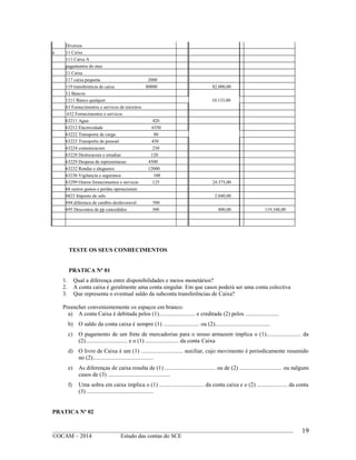 ____________________________________________________________________________________________
©OCAM – 2014 Estudo das contas do SCE
19
Diversos
a 11 Caixa
111 Caixa A
pagamentos do mes
11 Caixa
117 caixa pequena 2000
119 transferencia de caixa 80000 82.000,00
12 Bancos
1211 Banco qualquer 10.133,00
63 Fornecimentos e servicos de terceiros
632 Fornecimentos e servicos
63211 Agua 420
63212 Electricidade 6350
63222 Transporte de carga 80
63223 Transporte de pessoal 450
63224 comunicacoes 230
63228 Deslocacoes e estadias 120
63229 Despesa de representacao 4500
63232 Rendas e alugueres 12000
63236 Vigilancia e seguranca 100
63299 Outros fornecimentos e servicos 125 24.375,00
68 outros gastos e perdas operacionais
6823 Imposto de selo 2.040,00
694 diferenca de cambio desfavoravel 500
695 Descontos de pp concedidos 300 800,00 119.348,00
TESTE OS SEUS CONHECIMENTOS
PRATICA No
01
1. Qual a diferença entre disponibilidades e meios monetários?
2. A conta caixa é geralmente uma conta singular. Em que casos poderá ser uma conta colectiva
3. Que representa o eventual saldo da subconta transferências de Caixa?
Preencher convenientemente os espaços em branco:
a) A conta Caixa é debitada pelos (1)......................... e creditada (2) pelos .......................
b) O saldo da conta caixa é sempre (1) ......................... ou (2)......................................
c) O pagamento de um frete de mercadorias para o nosso armazem implica o (1)........................ da
(2)............................. e o (1) ....................... da conta Caixa
d) O livro de Caixa é um (1) ............................. auxiliar, cujo movimento é periodicamente resumido
no (2)..........................................
e) As diferenças de caixa resulta de (1) ................................... ou de (2) ............................. ou nalguns
casos de (3) ...........................................
f) Uma sobra em caixa implica o (1) ............................... da conta caixa e o (2) ..................... da conta
(3) ..............................................
PRATICA Nº 02
 