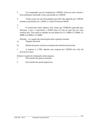 ____________________________________________________________________________________________
©OCAM – 2014 Estudo das contas do SCE
191
3. Um computador, que foi comprado por 3.000,00, sofreu um curto circuito e
ficou totalmente inutilizado. Estava amortizado em 2.000,00
4. Venda a prazo de uma fotocopiadora que tinha sido adquirido por 1.800,00,
estando ja amortizado em 1.100,00. A venda foi feita por 600,00.
V
1. O comerciante aluno adquiriu uma viatura por 30.000,00 capacitada para
funcionar 5 anos, o equivalente a 20.000 horas (U) fim do qual terá um valor
resudual nulo. Tem ainda as unidades de actividades (Ui) U1 4000h; U2 5000h; U3
4000h; U4 3000h e U5 4000h
Pretende – se o quadro das amortizações pelos seguintes metodos:
a) Desgaste funcional
b) Metodo de quotas variaveis em progressão aritmetica decrescente.
2. A empresa é o FIM, adquiriu uma maquina por 1200,00 com vida util
prevista de 5 anos.
Elaborar o quadro de reitegrações desta maquina:
1. Pelo metodo das quotas constantes
2. Pelo metodo das quotas degressivas.
 