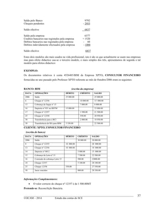 ____________________________________________________________________________________________
©OCAM – 2014 Estudo das contas do SCE
37
Saldo pelo Banco 9792
Cheques pendentes - 2955
Saldo efectivo 6837
Saldo pela empresa 6377
Creditos bancarios nao registados pela empresa + 1520
Debitos bancarios nao registados pela empresa - 60
Debitos indevidamente efectuados pela empresa - 1000
Saldo efectivo 6837
Estes dois modelos são mais usados na vida profissional, isto é são os que actualmente se usam nas empresas
mas para efeito didactico usa-se o terceiro modelo, o mais simples dos três, apresentamos de seguida o tal
modelo para efeitos didactico:
EXEMPLO:
Os documentos relativos à conta 4526483/BIM da Empresa XPTO, CONSULTOR FINANCEIRO
fornecidas no ano passado pelo Professor XPTO referente ao mês de Outubro/2006 eram os seguintes:
BANCO: BIM (escrita da empresa)
DATA OPERAÇÕES DÉBITO CRÉDITO SALDO
2006 Saldo 25 000.00 25 000.00
6 Cheque nº 12356 10 000.00 15 000.00
15 Cobrança do Saque nº 15 7 000.00 8 000.00
16 Depósito nº 851 no BSTM 15 000.00 23 000.00
17 Cheque nº 12357 1 500.00 21 500.00
25 Cheque nº 12358 550.00 20 950.00
30 Transferência para o BCI 2 000.00 18 950.00
30 Transferência do BA para BIM 3 550.00 22 500.00
CLIENTE: XPTO, CONSULTOR FINANCEIRO
(escrita do banco)
DATA OPERAÇÕES DÉBITO CRÉDITO SALDO
2006 Saldo 30 000.00 30 000.00
8 Cheque nº 12355 10 000.00 20 000.00
13 Cheque nº 12356 10 000.00 10 000.00
14 Depósito nº 0012 5 000.00 15 000.00
15 Cobrança da Letra nº 15 7 500.00 22 500.00
16 Comissão de cobrança Letra 15 500.00 23000.00
18 Cheque 12357 5 100.00 28 100.00
25 Cheque 12358 550.00 27 550.00
30 Juros vencidos 800.00 28 350.00
Informações Complementares:
 O valor correcto do cheque nº 12357 é de 1 500.00MT
Pretende-se: Reconcilição Bancária.
 