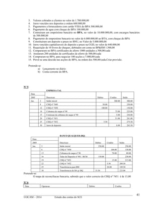 ____________________________________________________________________________________________
©OCAM – 2014 Estudo das contas do SCE
41
3. Valores cobrados a clientes no valor de 1.700.000,00
4. Juros vencidos nos depositos a ordem 600.000,00
5. Pagamentos a fornecedores com cartão VISA do BPA 500.000,00
6. Pagamento da agua com cheque do BPA 100.000,00
7. Contrairam um empréstimo bancário no BPA, no valor de 10.000.000,00, com encargos bancários
de 500.000,00
8. Pagamento do emprestimo bancario no valor de 6.000.000,00 ao BTA, com cheque do BPA
9. Constituiram um deposito a prazo no BNU, no Valor de 5.000.000,00
10. Juros vencidos capitalizaveis do deposito a prazo na CGD, no valor de 640.000,00
11. Requisição de 10 livros de cheques, debitados em conta no BP&SM 1.500,00
12. Compararam no BPA certificados de aforro 1000 unidades a 500,00/cada
13. Anularam 200 unidades de certificados de aforro de 500,00/cada
14. Compraram no BPA, para negociar 100 acções a 7.000,00/cada
15. Prevê-se uma descida nas acções do BPA, na ordem dos 500,00/cada.Criar provisão.
Pretende-se
a) Lançamento no diário
b) Conta-corrente do BPA.
Nº 5
EMPRESA TAL
Data
Descricao Debito Credito Saldo2005
Jan. 2 Saldo inicial 300.00 300.00
9 CHQ nº 7449 50.00 250.00
12 CHQ nº 7450 100.00 150.00
14 Cobranca do saque nº 90 75.00 225.00
15 Comissao de cobranca do saque nº 90 5.00 230.00
20 CHQ nº 7451 51.00 281.00
25 CHQ nº 7452 5.50 275.50
30 Juros de deposito 8.00 283.50
BANCO QUALQUER (BQ)
Data
Descricao Debito Credito Saldo2005
Jan. 2 Saldo inicial 250.00 250.00
6 CHQ nº 7450 100.00 150.00
15 Cobranca do saque nº 90 70.00 80.00
16 Talao de Deposito nº 901 / BCM 150.00 230.00
19 CHQ nº 7451 15.00 215.00
22 CHQ nº 7452 5.50 209.50
25 Transferencia para BM 20.00 189.50
30 Transferencia do BA p/ BQ 35.50 225.00
Pretende-se:
O mapa de reconciliacao bancaria, sabendo que o valor correcto do CHQ nº 7451 é de 15,00
Nº 6
Data Operacao Debito Credito
 