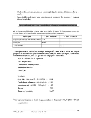 ____________________________________________________________________________________________
©OCAM – 2014 Estudo das contas do SCE
48
 Portes: são despesas devidas por cominicação (gastos postais, telefonicos, fax e e-
mail).
 Imposto (de selo): que é uma percentagem do somatorio dos encargos = tx.imp.x
(juros+comissão).
Encargos bancários = Juro + comissão de cobrança+imposto de selos+portes
Os registos contabilisticos a fazer após a recepção de aviso de lançamento variam de
acordo com o método utilizado. Apresentamos de seguida o mais usual:
Descrição Conta a debitar Conta a creditar
Liquido produto de desconto ( L-Enc) 121
Encargos 6915
Valor da letra 412
Vamos proceder ao cálculo dos encargos do saque n⁰ 37190, da KNOW HOW., cuja a
proposta de desconto foi apresentada em 29-05-2000, no Banco Qualquer. Trata-se de
uma letra domiciliada, uma vez que deverá ser paga no Banco Tal.
As txas a utilizar são as seguintes:
Taxa de juro-12%
Comissão de cobrança - 4‰
Imposto de selo-7%
Porte-2,00
Resolução:
Juro (J) = (600,00 x 12 x 92)/36.500 = 18,14
Comissão de cobrança = 600,00 x 0,004 = 2,40
Imposto de selo = (18,14 + 2,40) x 0,07 = 1,43
Portes = 2,00
Encargos bancários 23,97
Valor a creditar na conta do cliente (Liquido produto de desconto) = 600,00-23.97 = 576,03
Lançamentos:
 