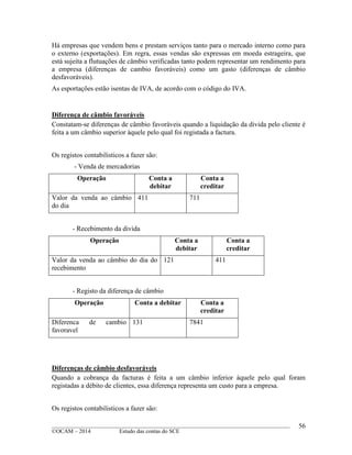 ____________________________________________________________________________________________
©OCAM – 2014 Estudo das contas do SCE
56
Há empresas que vendem bens e prestam serviços tanto para o mercado interno como para
o externo (exportações). Em regra, essas vendas são expressas em moeda estrageira, que
está sujeita a flutuações de câmbio verificadas tanto podem representar um rendimento para
a empresa (diferenças de cambio favoráveis) como um gasto (diferenças de câmbio
desfavoráveis).
As esportações estão isentas de IVA, de acordo com o código do IVA.
Diferença de câmbio favoráveis
Constatam-se diferenças de câmbio favoráveis quando a liquidação da divida pelo cliente é
feita a um câmbio superior àquele pelo qual foi registada a factura.
Os registos contabilisticos a fazer são:
- Venda de mercadorias
Operação Conta a
debitar
Conta a
creditar
Valor da venda ao câmbio
do dia
411 711
- Recebimento da divida
Operação Conta a
debitar
Conta a
creditar
Valor da venda ao câmbio do dia do
recebimento
121 411
- Registo da diferença de câmbio
Operação Conta a debitar Conta a
creditar
Diferenca de cambio
favoravel
131 7841
Diferenças de câmbio desfavoráveis
Quando a cobrança da facturas é feita a um câmbio inferior àquele pelo qual foram
registadas a débito de clientes, essa diferença representa um custo para a empresa.
Os registos contabilisticos a fazer são:
 