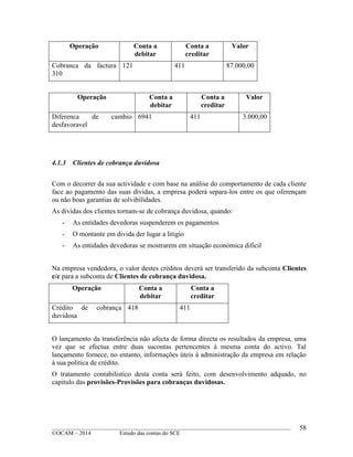 ____________________________________________________________________________________________
©OCAM – 2014 Estudo das contas do SCE
58
Operação Conta a
debitar
Conta a
creditar
Valor
Cobranca da factura
310
121 411 87.000,00
Operação Conta a
debitar
Conta a
creditar
Valor
Diferenca de cambio
desfavoravel
6941 411 3.000,00
4.1.3 Clientes de cobrança duvidosa
Com o decorrer da sua actividade e com base na análise do comportamento de cada cliente
face ao pagamento das suas dividas, a empresa poderá separa-los entre os que oferençam
ou não boas garantias de solvibilidades.
As dividas dos clientes tornam-se de cobrança duvidosa, quando:
- As entidades devedoras suspenderem os pagamentos
- O montante em divida der lugar a litigio
- As entidades devedoras se mostrarem em situação económica dificil
Na empresa vendedora, o valor destes créditos deverá ser transferido da subconta Clientes
c/c para a subconta de Clientes de cobrança duvidosa.
Operação Conta a
debitar
Conta a
creditar
Crédito de cobrança
duvidosa
418 411
O lançamento da transferência não afecta de forma directa os resultados da empresa, uma
vez que se efectua entre duas sucontas pertencentes à mesma conta do activo. Tal
lançamento fornece, no entanto, informações úteis à administração da empresa em relação
à sua politica de crédito.
O tratamento contabilistico desta conta será feito, com desenvolvimento adquado, no
capitulo das provisões-Provisões para cobranças duvidosas.
 