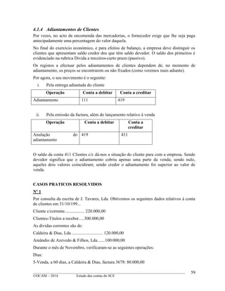 ____________________________________________________________________________________________
©OCAM – 2014 Estudo das contas do SCE
59
4.1.4 Adiantamentos de Clientes
Por vezes, no acto da encomenda das mercadorias, o fornecedor exige que lhe seja paga
antecipadamente uma percentagem do valor daquela.
No final do exercicio económico, e para efeitos de balanço, a empresa deve distinguir os
clientes que apresentam saldo credor dos que têm saldo devedor. O saldo dos primeiros é
evidenciado na rubrica Divida a terceiros-curto prazo (passivo).
Os registos a efectuar pelos adiantamentos de clientes dependem de, no momento de
adiantamento, os preços se encontrarem ou não fixados (como veremos mais adiante).
Por agora, o seu movimento é o seguinte:
i. Pela entrega adiantada do cliente
Operação Conta a debitar Conta a creditar
Adiantamento 111 419
ii. Pela emissão da factura, além do lançamento relativo à venda
Operação Conta a debitar Conta a
creditar
Anulação do
adiantamento
419 411
O saldo da conta 411 Clientes c/c dá-nos a situação do cliente para com a empresa. Sendo
devedor significa que o adiantamento cobriu apenas uma parte da venda; sendo nulo,
aqueles dois valores coincidiram; sendo credor o adiantamento foi superior ao valor de
venda.
CASOS PRATICOS RESOLVIDOS
Nº 1
Por consulta da escrita de J. Tavares, Lda. Obtivemos os seguintes dados relativos à conta
de clientes em 31/10/199...
Cliente c/corrente.................. 220.000,00
Clientes-Titulos a receber.....300.000,00
As dividas correntes são de:
Caldeira & Dias, Lda ............................ 120.000,00
Amândio de Azevedo & Filhos, Lda.......100.000,00
Durante o mês de Novembro, verificaram-se as seguintes operações:
Dias:
5-Venda, a 60 dias, a Caldeira & Dias, factura 3678: 80.000,00
 
