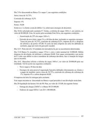____________________________________________________________________________________________
©OCAM – 2014 Estudo das contas do SCE
63
Dia 7-Foi descontada no Banco X o saque 1, nas seguintes condições:
Juros à taxa de 18,75%
Comissão de cobrança: 0,2%
Imposto: 4%
Portes: 54,00
Emite-se s/ o cliente a nota de débito 1/n, relativaaos encargos de descontos.
Dia 10-foi solicitado pelo aceitante P. Tomás, a reforma do saque 168/n-1, em carteira, no
valor de 80.000,00. Esta, foi aceite pela sociedade Eme Silva, nas seguintes condições:
- Amortização de 25% do saque 168/n-1;
- Emissão da nova letra, saque 2/n, a 60 dias da data, incluindo os seguintes encargos:
Taxas de juros de 18,75%, comissão de cobrança 0,2%, imposto de 4% e despesas
de reforma e de portes 107,00. O custo da letra (imposto de selo) foi debitada ao
aceitante, pago por meio de guia pelo sacador.
Dia 12-F. Pinto devolve 10 unidades de mercadoria Q, por se encontrarem deterioradas.
Dia 13-O Banco X, recambia o saque 172/n-1, com o valor nominal de 18.000,00. Debita
despesas de devolução, de telefones e cobrança 84,00. Este saque corresponde a um aceite
de P. Lobo cujo débito se deve considerar de cobrança duvidosa, face à situação de letigio
que se encontra.
Dia 18-C. Marcelino solicita a reforma do saque 180/n-1, no valor de 20.000,00 pela sua
totalidade. Tal foi aceite nas seguintes condições:
- Novo saque a 30 dias da data
- Encargos de uma possivel negociação bancária debitados directamente ao cliente e
a pagar de imediato: juros a taxa de 18,75%, comissão de cobrança de cobrança de
1%, imposto 4% e outras despesas 60,00
O impresso da letra foi entregue pelo aceitante.
Este saque encontra-se descontado no Banco o qual procedeu à sua devolução nesta data.
Dia 20-liquidação da factura 16/n de M. Pina, no valor de 135,00, da seguinte forma:
- Entrega do cheque 234567 s/ o Banco M-35.000,00
- Endosso do saque 820/n-1 em 26/1-100.000,00.
 