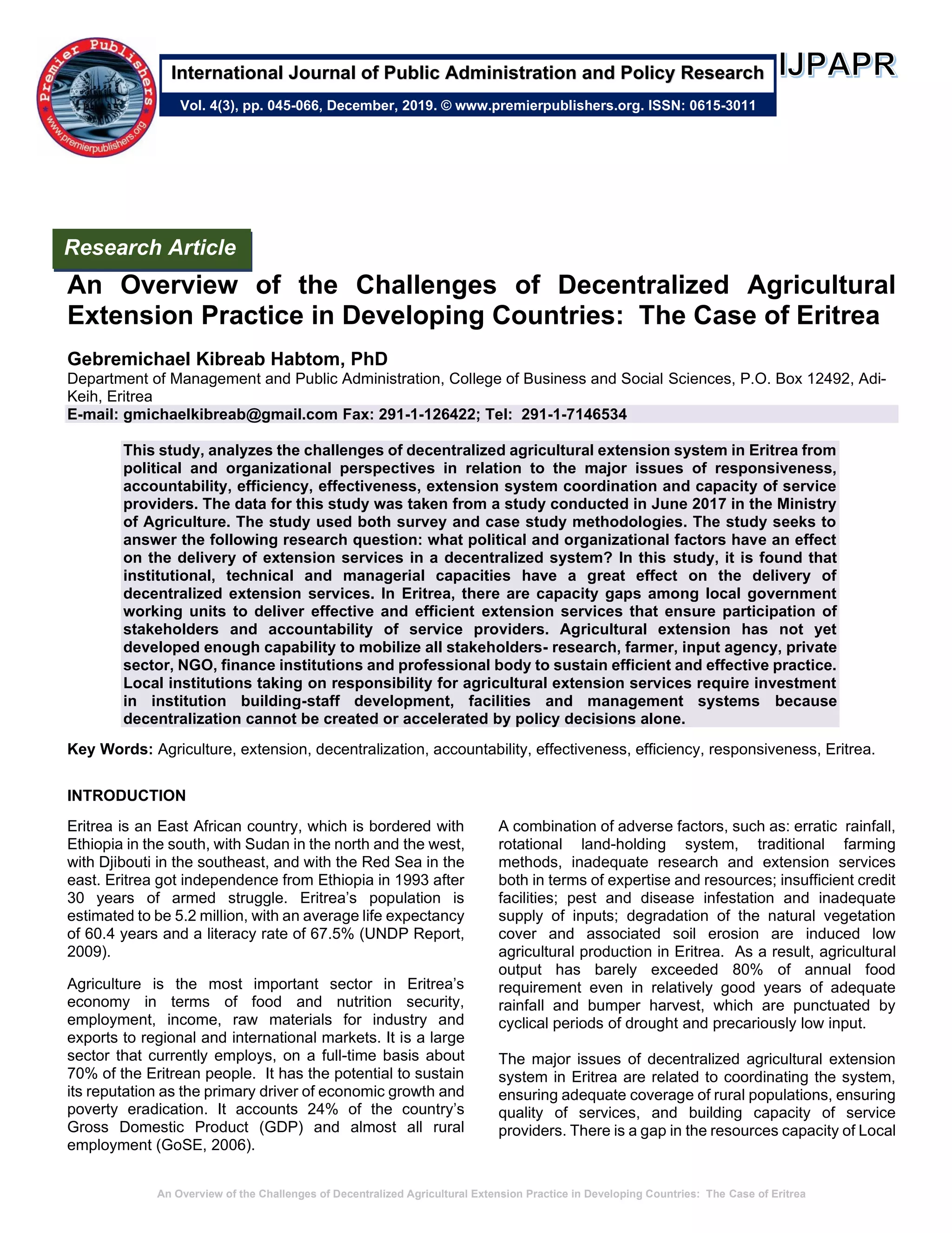 An Overview of the Challenges of Decentralized Agricultural Extension ...