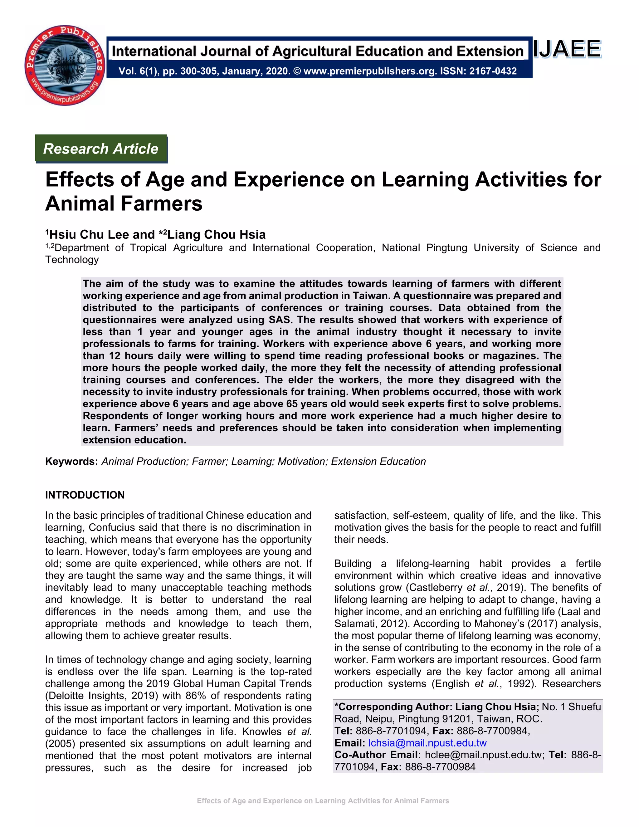 Effects of Age and Experience on Learning Activities for Animal Farmers ...