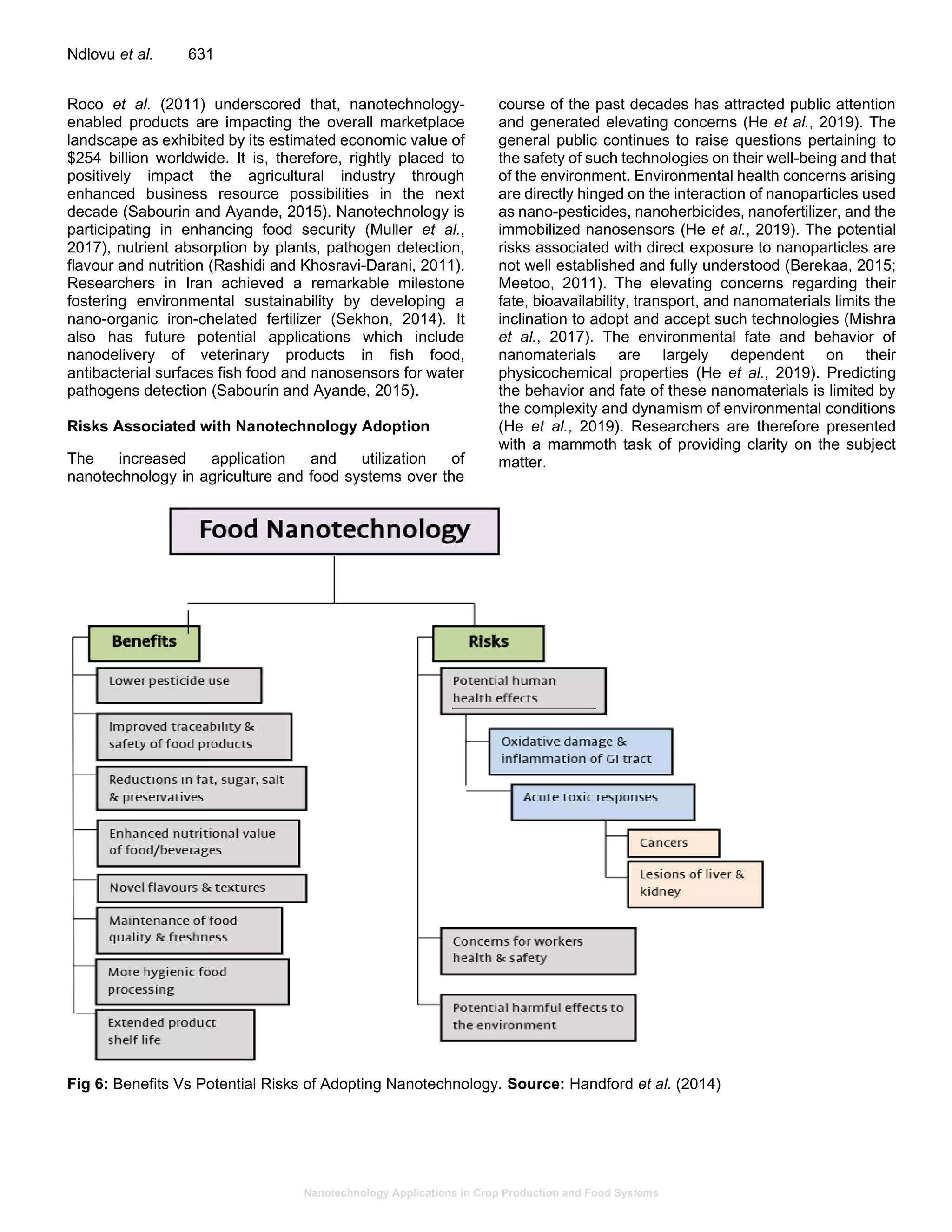 Nanotechnology Applications in Crop Production and Food Systems
Ndlovu et al. 631
Roco et al. (2011) underscored that, nanotechnology-
enabled products are impacting the overall marketplace
landscape as exhibited by its estimated economic value of
$254 billion worldwide. It is, therefore, rightly placed to
positively impact the agricultural industry through
enhanced business resource possibilities in the next
decade (Sabourin and Ayande, 2015). Nanotechnology is
participating in enhancing food security (Muller et al.,
2017), nutrient absorption by plants, pathogen detection,
flavour and nutrition (Rashidi and Khosravi-Darani, 2011).
Researchers in Iran achieved a remarkable milestone
fostering environmental sustainability by developing a
nano-organic iron-chelated fertilizer (Sekhon, 2014). It
also has future potential applications which include
nanodelivery of veterinary products in fish food,
antibacterial surfaces fish food and nanosensors for water
pathogens detection (Sabourin and Ayande, 2015).
Risks Associated with Nanotechnology Adoption
The increased application and utilization of
nanotechnology in agriculture and food systems over the
course of the past decades has attracted public attention
and generated elevating concerns (He et al., 2019). The
general public continues to raise questions pertaining to
the safety of such technologies on their well-being and that
of the environment. Environmental health concerns arising
are directly hinged on the interaction of nanoparticles used
as nano-pesticides, nanoherbicides, nanofertilizer, and the
immobilized nanosensors (He et al., 2019). The potential
risks associated with direct exposure to nanoparticles are
not well established and fully understood (Berekaa, 2015;
Meetoo, 2011). The elevating concerns regarding their
fate, bioavailability, transport, and nanomaterials limits the
inclination to adopt and accept such technologies (Mishra
et al., 2017). The environmental fate and behavior of
nanomaterials are largely dependent on their
physicochemical properties (He et al., 2019). Predicting
the behavior and fate of these nanomaterials is limited by
the complexity and dynamism of environmental conditions
(He et al., 2019). Researchers are therefore presented
with a mammoth task of providing clarity on the subject
matter.
Fig 6: Benefits Vs Potential Risks of Adopting Nanotechnology. Source: Handford et al. (2014)
 