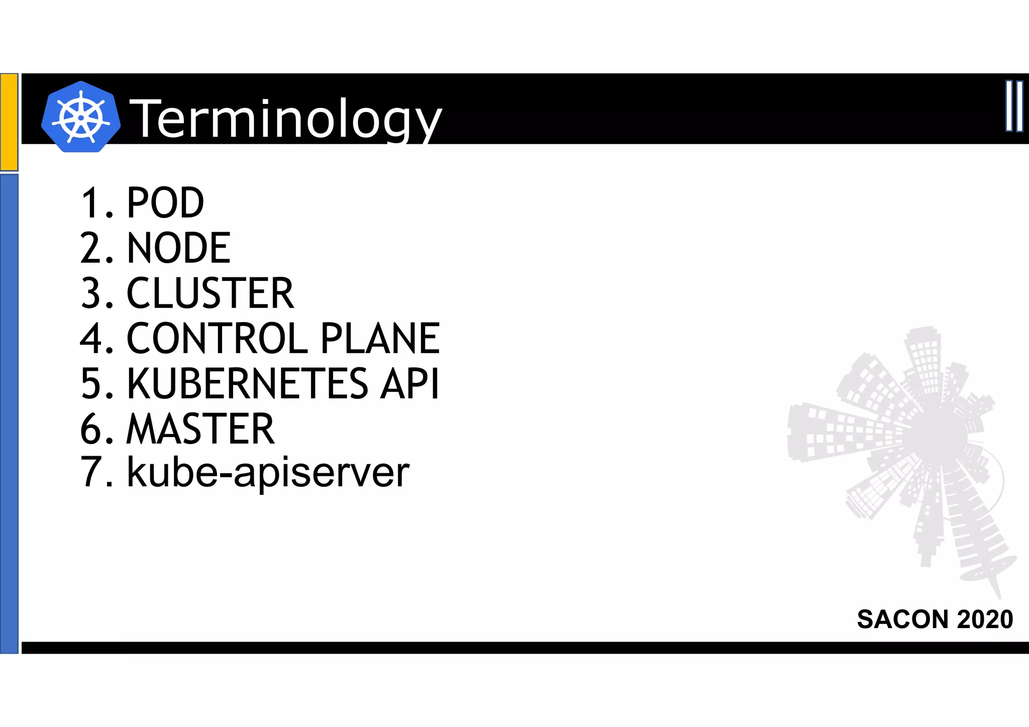 SACON 2020
1. POD
2. NODE
3. CLUSTER
4. CONTROL PLANE
5. KUBERNETES API
6. MASTER
7. kube-apiserver
Terminology