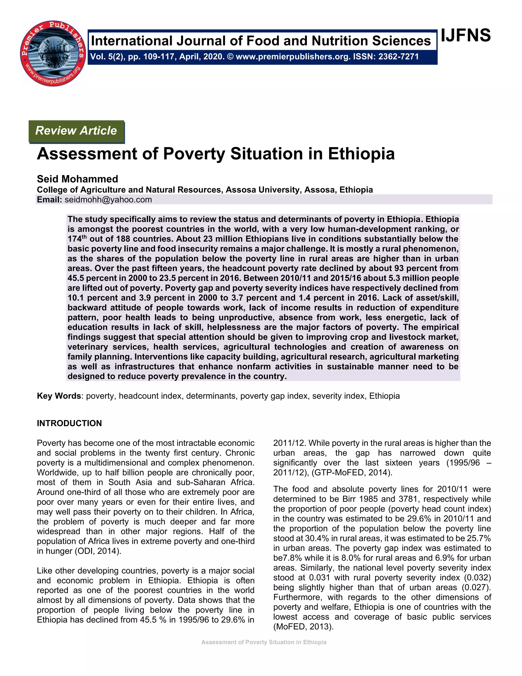 Assessment of Poverty Situation in Ethiopia | PDF