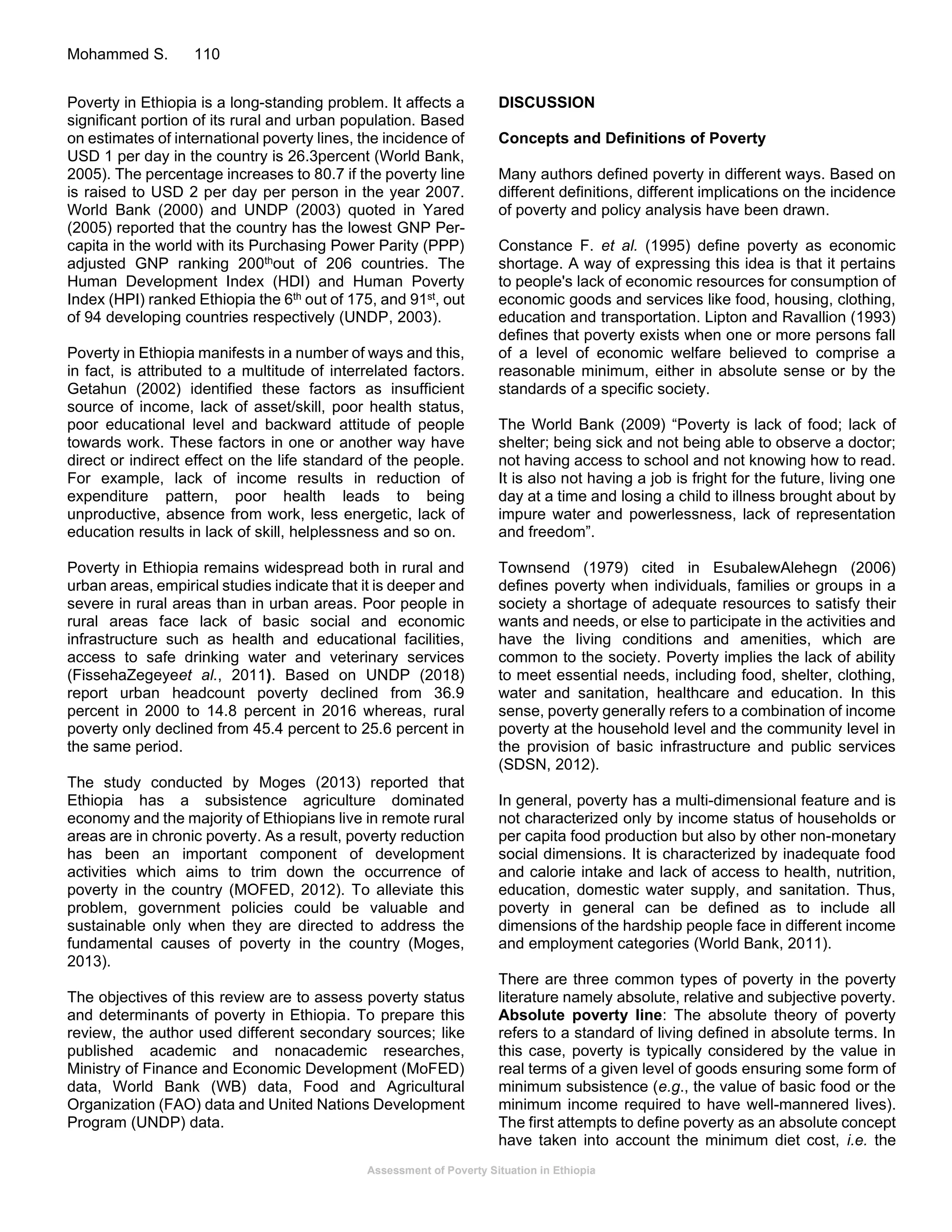Assessment of Poverty Situation in Ethiopia | PDF
