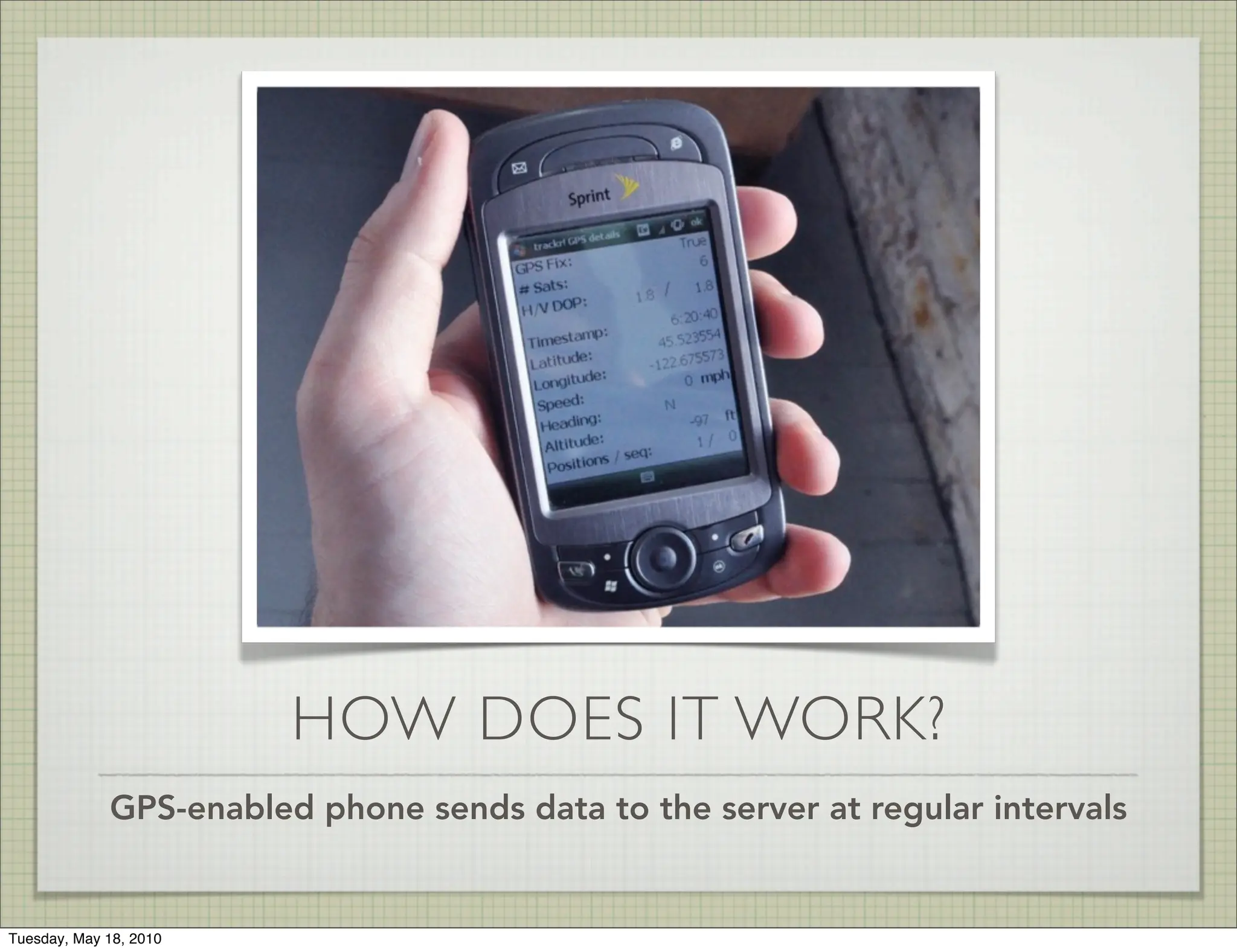 HOW DOES IT WORK?
             GPS-enabled phone sends data to the server at regular intervals


Tuesday, May 18, 2010
 