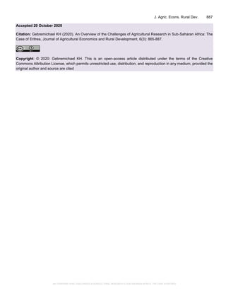 AN OVERVIEW of the CHALLENGES of AGRICULTURAL RESEARCH in SUB-SAHARAN ...